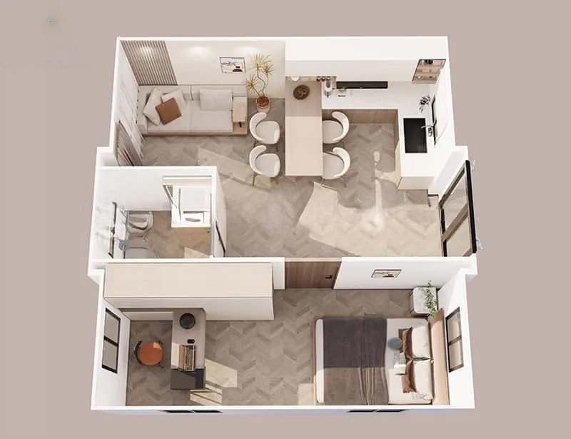 20 feet 1 bedrooms 1 living rooms and 1 bathroom