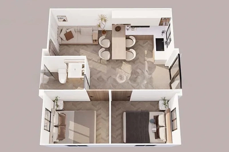 20 feet 2 bedrooms 2 living rooms and 1 bathroom