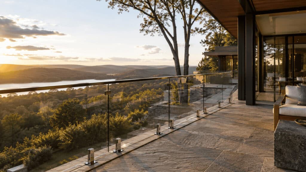 Modern glass railing on a balcony overlooking a scenic sunset landscape.