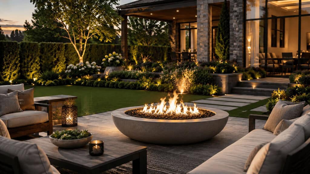 Modern outdoor fireplace with seating area in backyard at sunset.