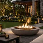 Modern outdoor fireplace with seating area in backyard at sunset.