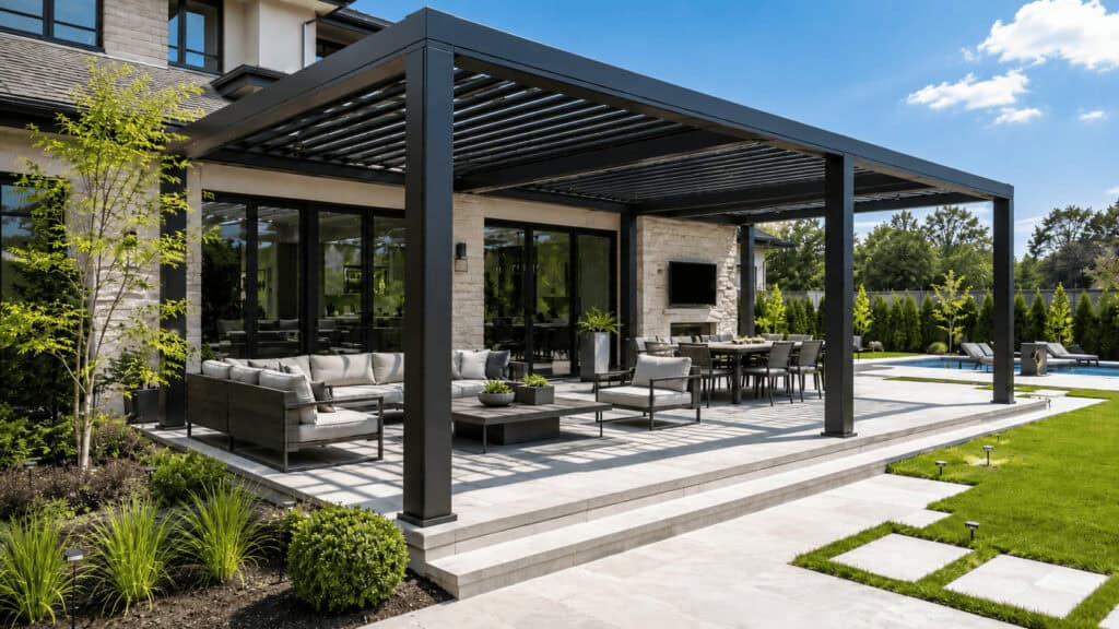 Modern backyard pergola with outdoor seating and dining area under a slatted roof.
