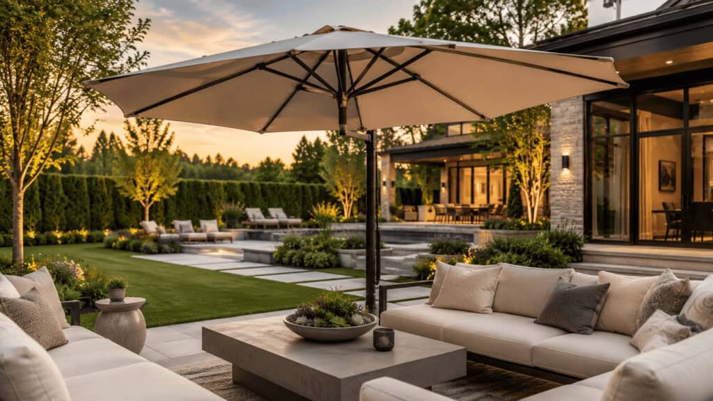 Large beige patio umbrella over outdoor seating area at sunset.
