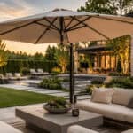 Large beige patio umbrella over outdoor seating area at sunset.