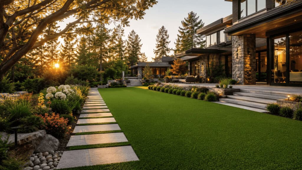 Modern backyard with lush green lawn, stone pathway, and stylish outdoor lighting.