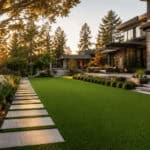 Modern backyard with lush green lawn, stone pathway, and stylish outdoor lighting.