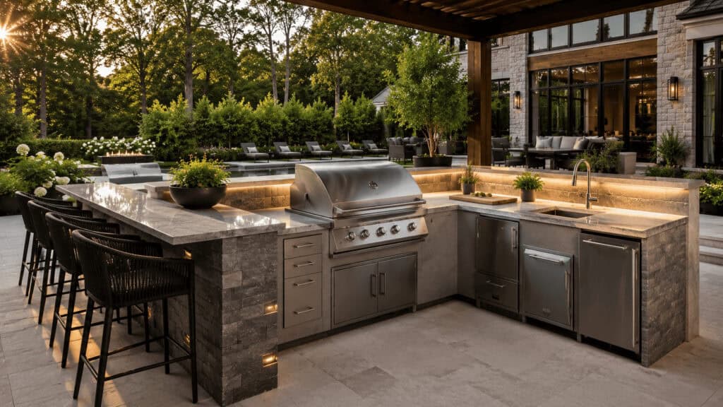 Outdoor kitchen with built-in grill and seating area at Backyard Paradiso.