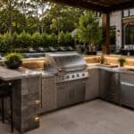 Outdoor kitchen with built-in grill and seating area at Backyard Paradiso.