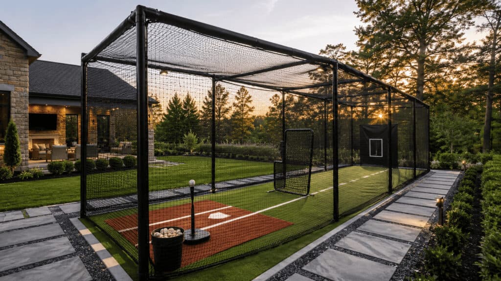 Backyard batting cage with turf and protective netting at sunset.