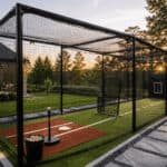 Backyard batting cage with turf and protective netting at sunset.
