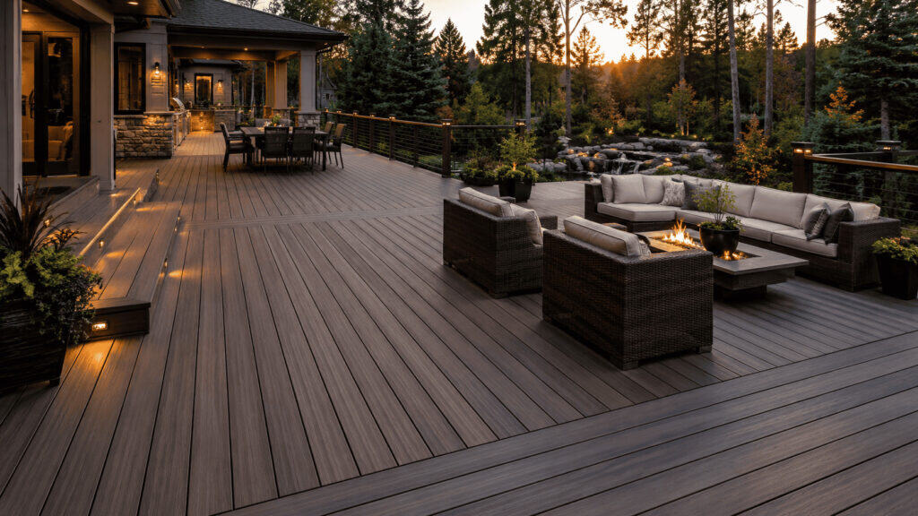 Spacious backyard deck with outdoor furniture and scenic forest view at sunset.