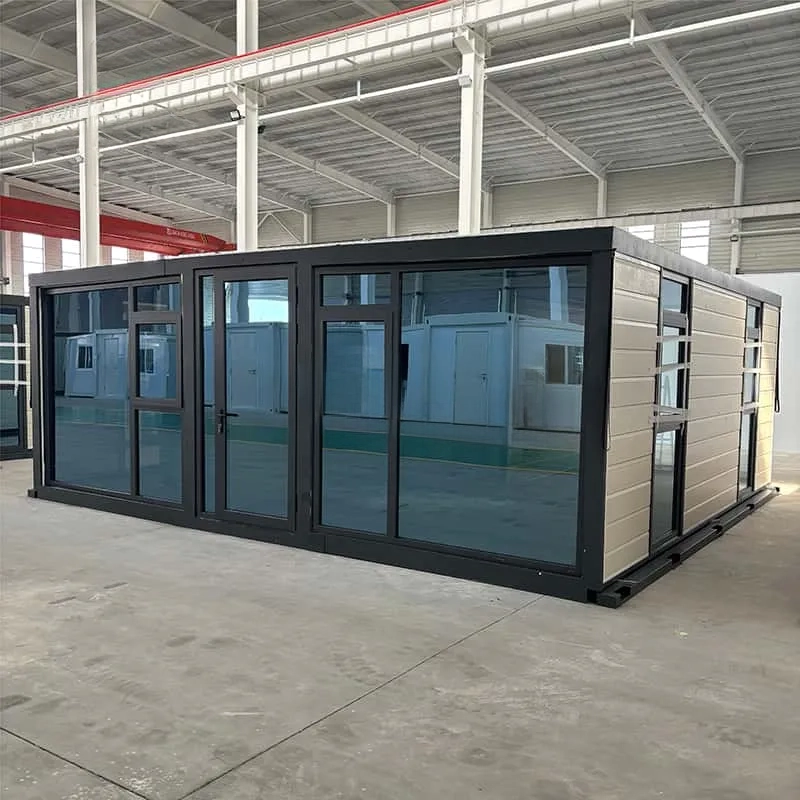 20ft Flat Roof Expandable Modular House Manufacturer White Metal Carved Wall Panel Black Frame