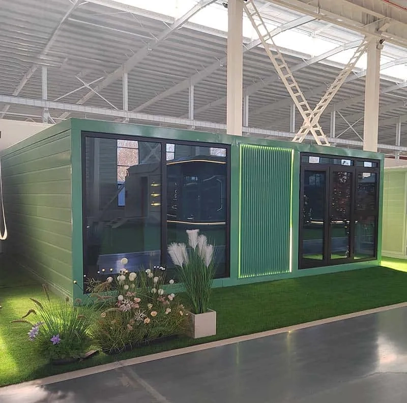 Expandable Prefab Homes Manufacturer 20ft Green Frame Flat Roof Off Grid Living