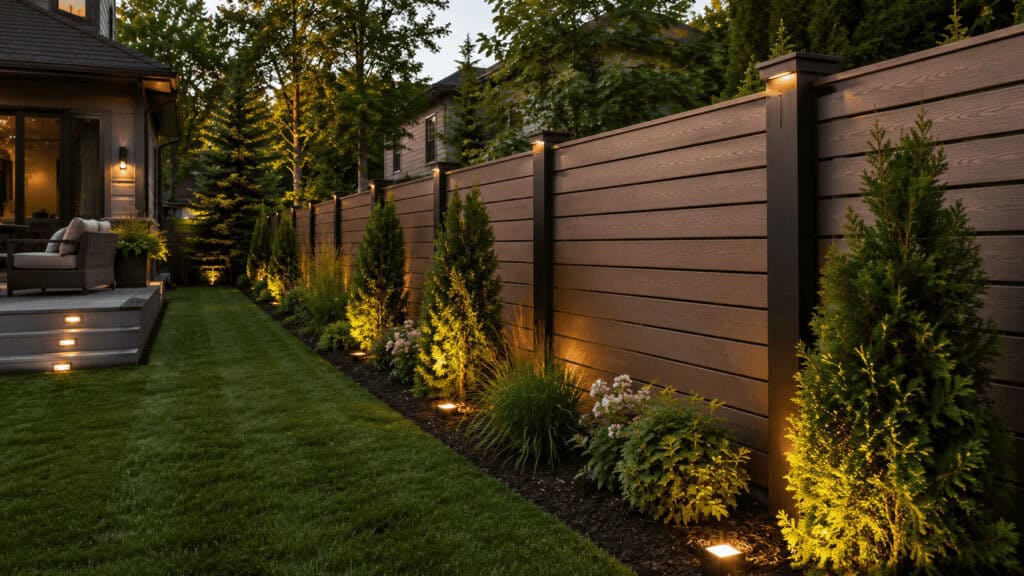 Modern backyard with composite fencing, lush greenery, and landscape lighting.