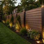 Modern backyard with composite fencing, lush greenery, and landscape lighting.