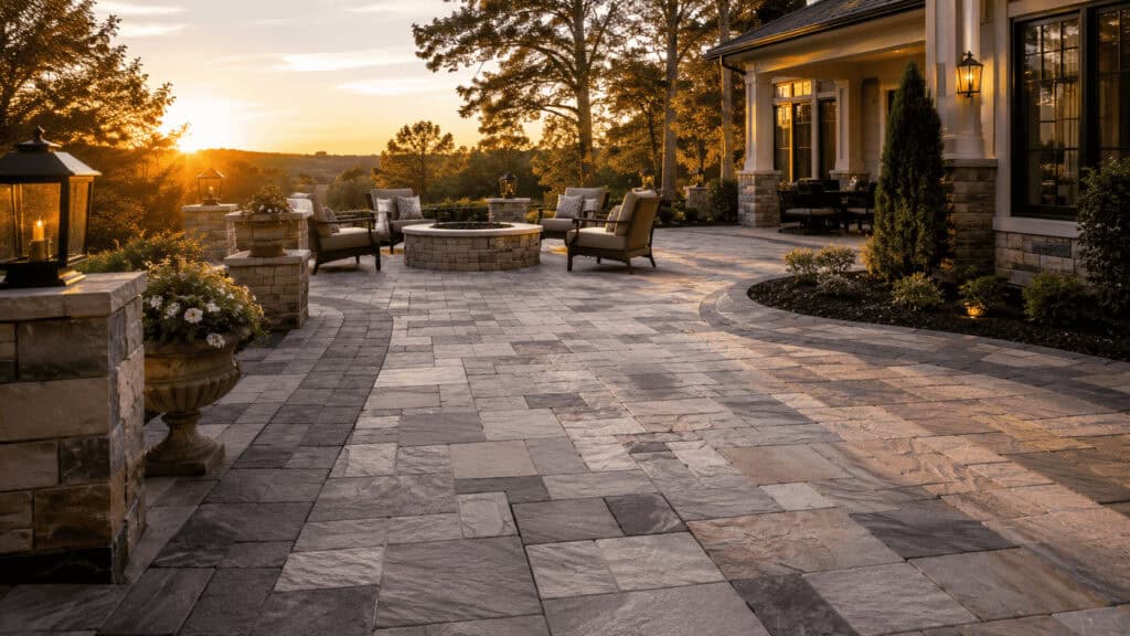 Beautiful backyard patio with pavers, outdoor seating, and fire pit at sunset.