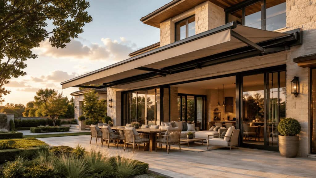 Retractable awning in backyard setting