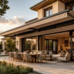 Retractable awning in backyard setting
