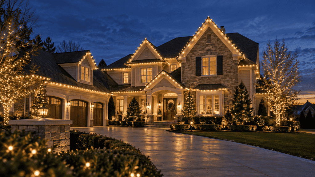 Beautifully decorated house with Christmas lighting installed
