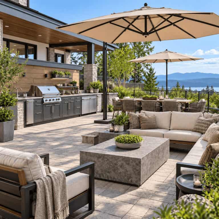 Outdoor kitchen and seating area in daylight