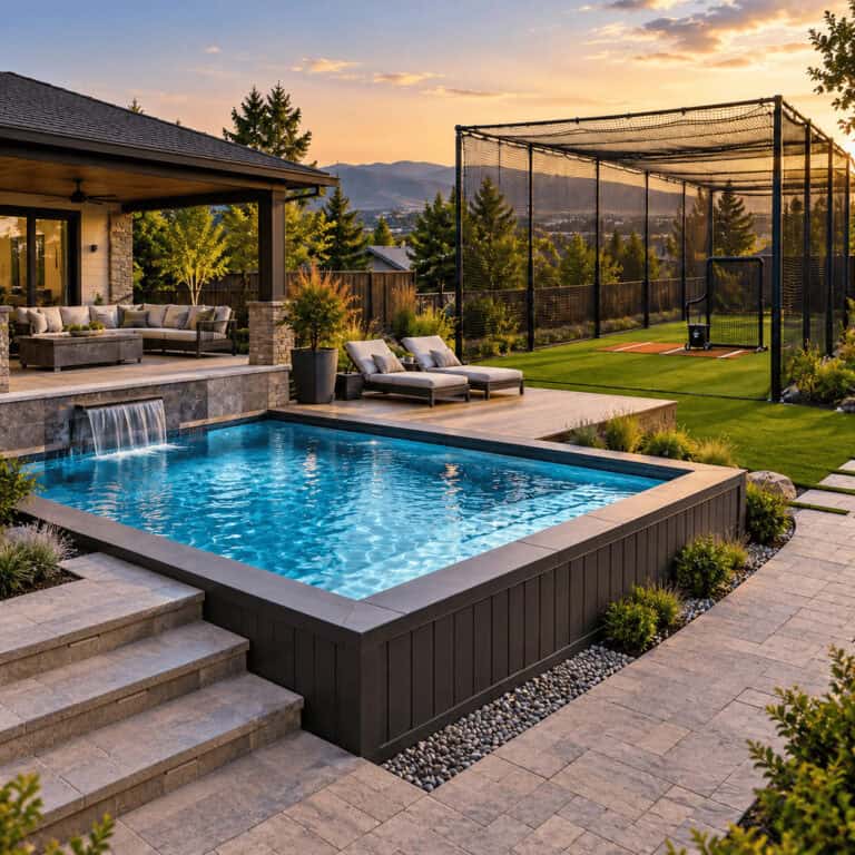 Backyard container pool beside a batting and training net cage