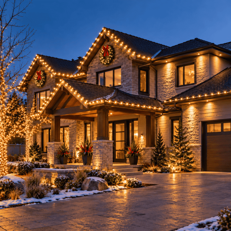 Home roofline lit with holiday lighting after dark