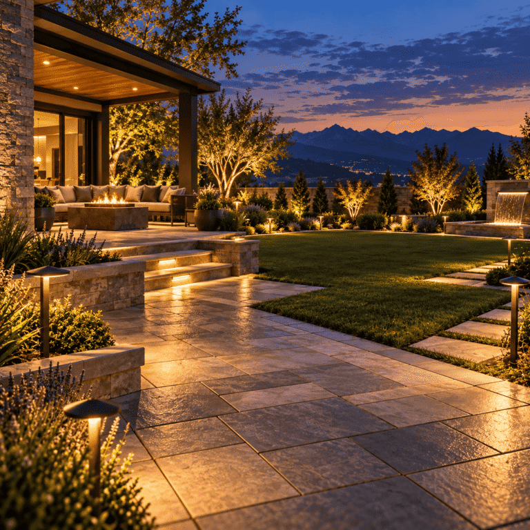 Artificial grass lawn with a paver patio and landscape lighting at dusk