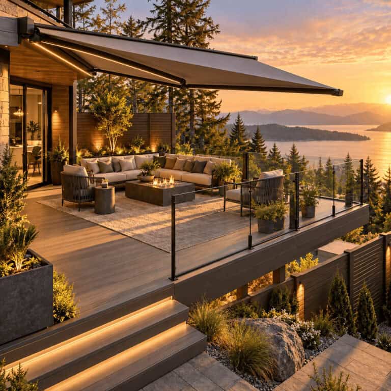 Retractable awning extended over a patio seating area
