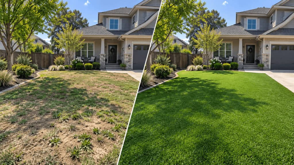Our Work Lawn before and after transformation from dry to lush.