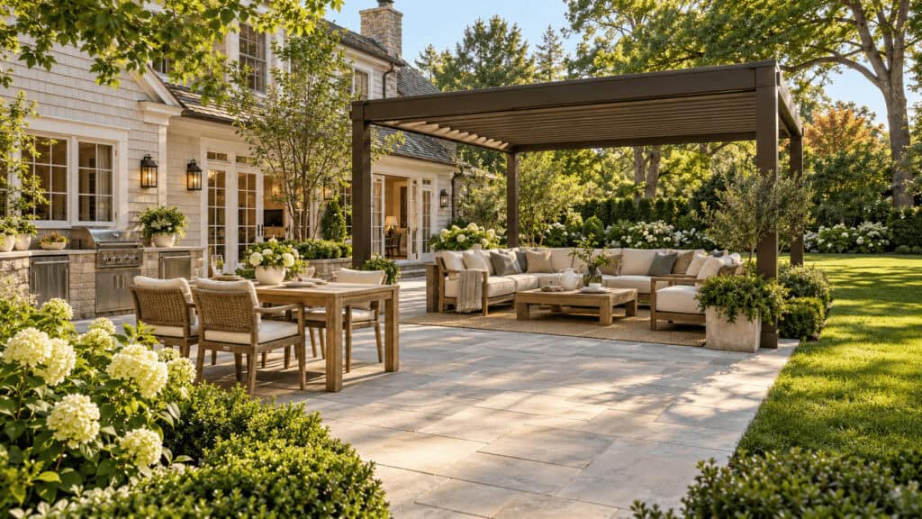 Outdoor seating area under a bronze aluminum pergola